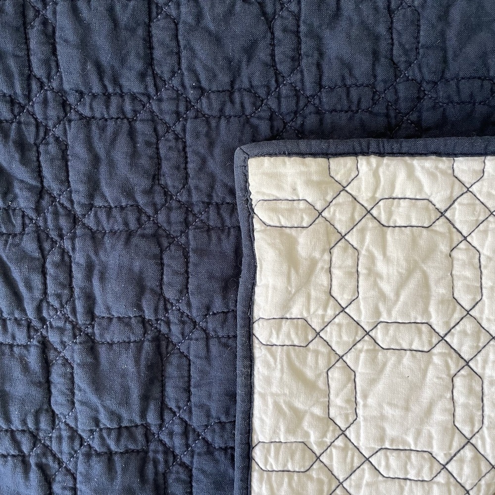 POTTERY BARN Quilted King Elle Sham Navy Blue White Minimalist